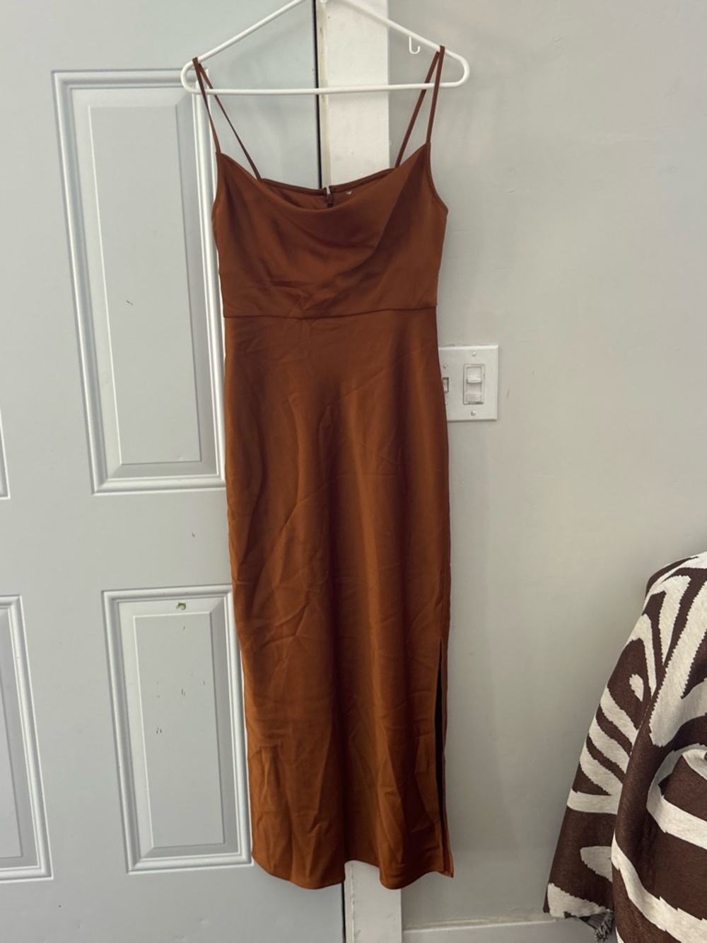 Satin Cowl Neck Slip Dress in Rust
